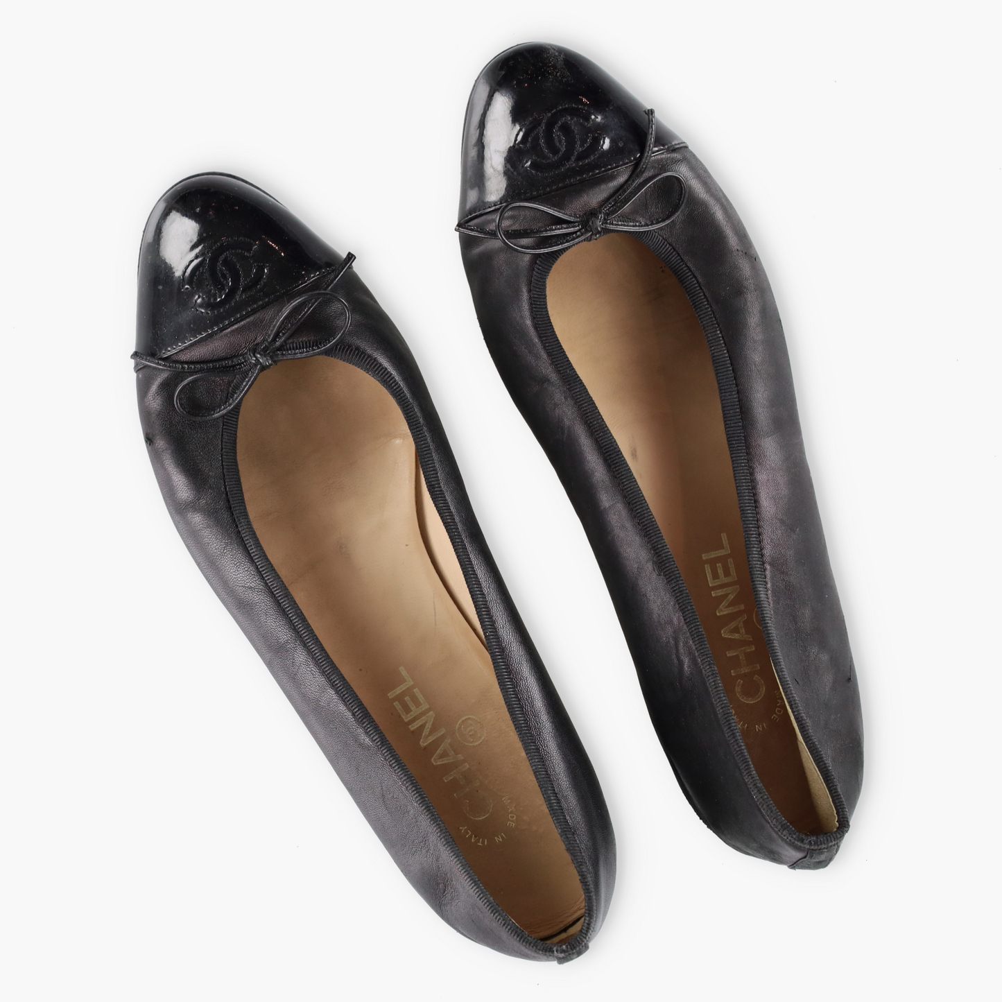CHANEL Bow Patent Toe Classic Logo Black Ballet Flats (41.5)