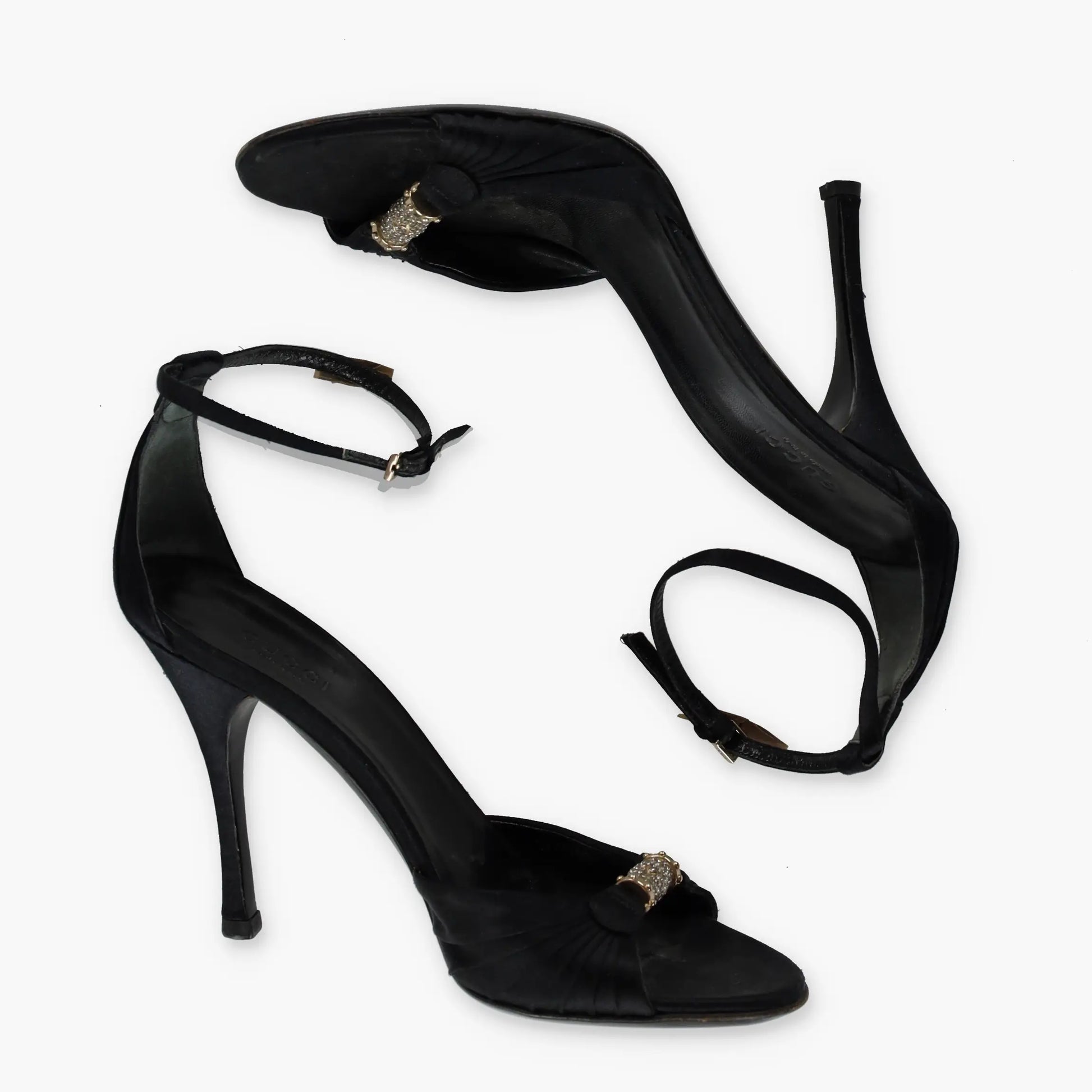 GUCCI Crystal Embellished Black Satin Italy Made Sandal Heels (7B) - Vintage Sole Melbourne
