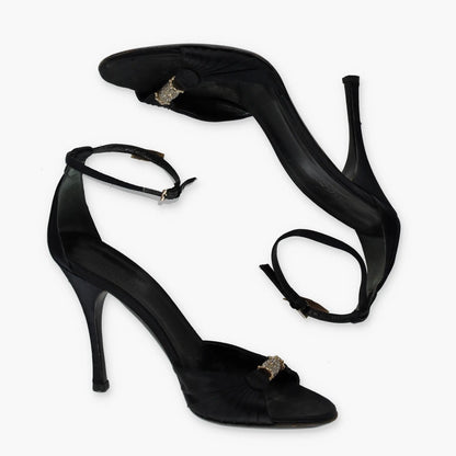 GUCCI Crystal Embellished Black Satin Italy Made Sandal Heels (7B) - Vintage Sole Melbourne