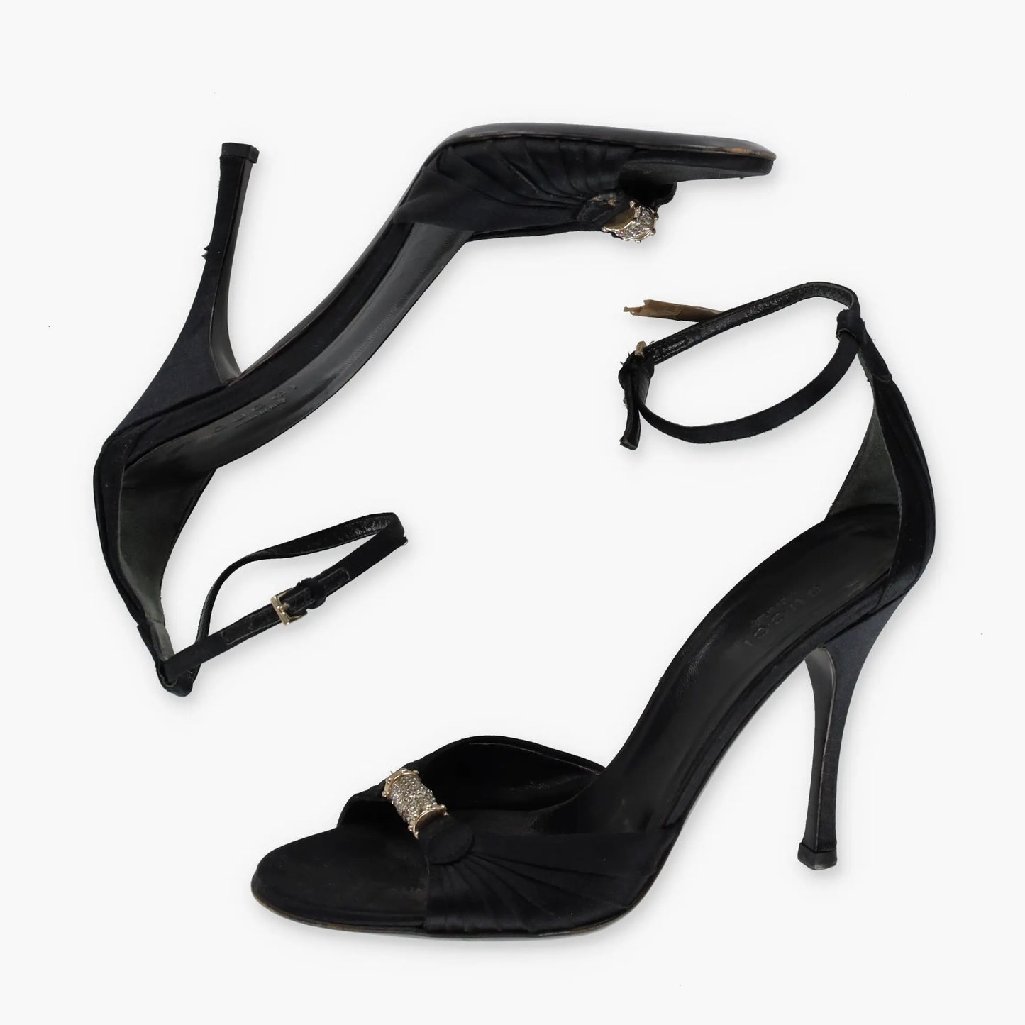 GUCCI Crystal Embellished Black Satin Italy Made Sandal Heels (7B) - Vintage Sole Melbourne