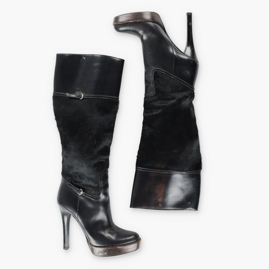 GUCCI Pony Hair Leather Italy Made Platform Heel Boots (7B)