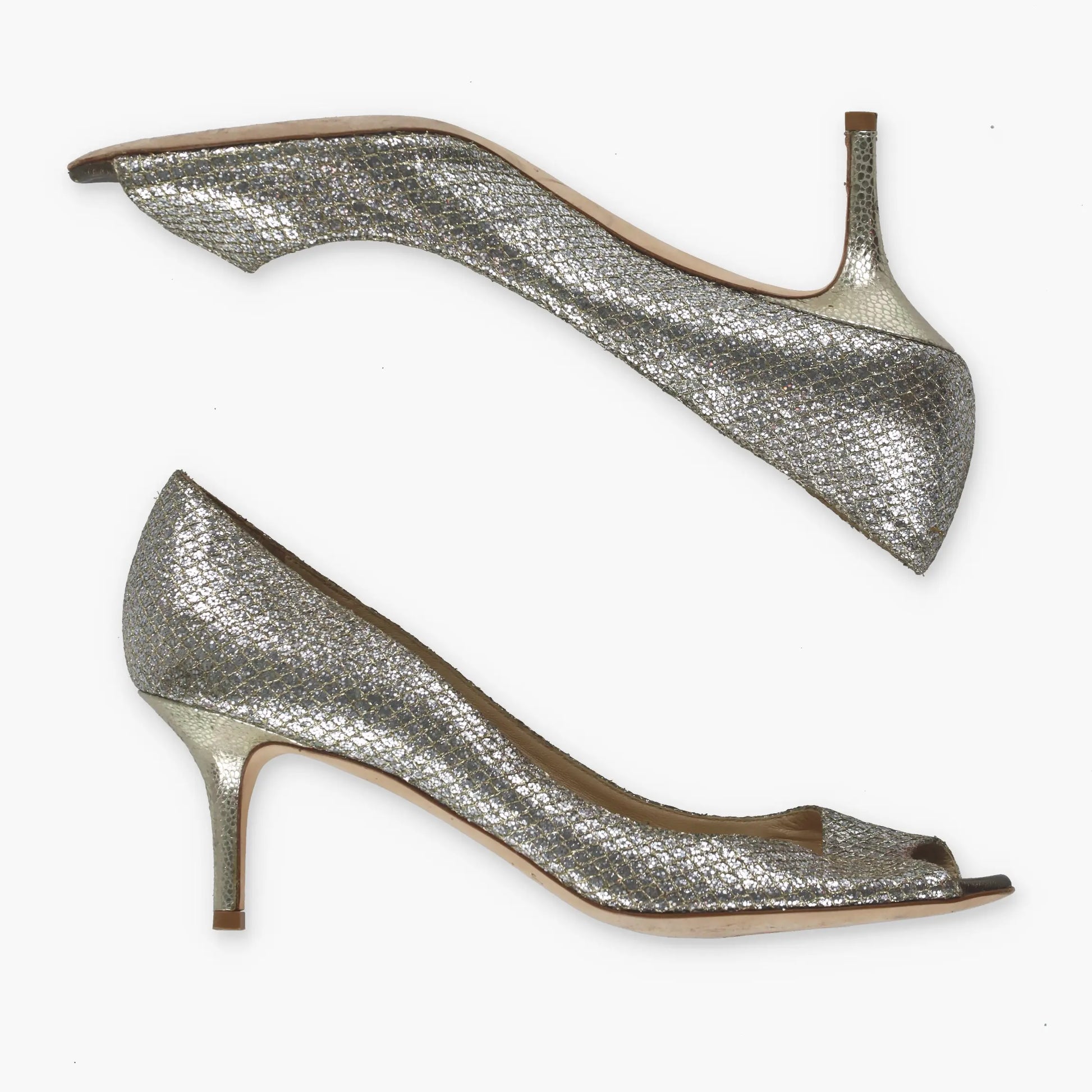 JIMMY CHOO Champagne Glitter Italian Made Peep-Toe Heels (40) - Vintage Sole Melbourne