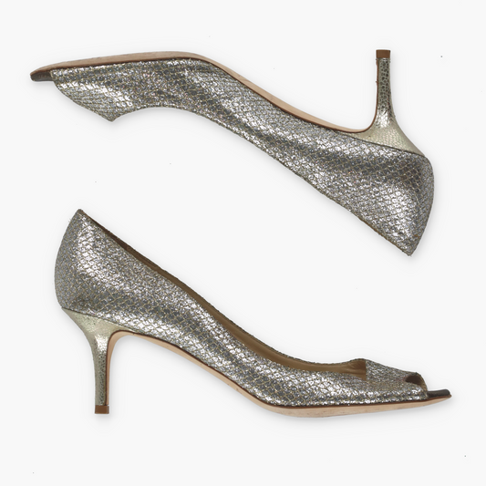 JIMMY CHOO Champagne Glitter Italian Made Peep-Toe Heels (40)