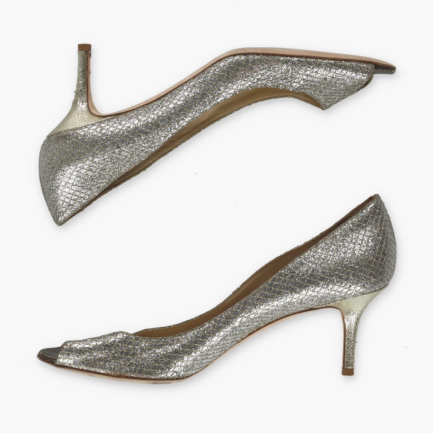 JIMMY CHOO Champagne Glitter Italian Made Peep-Toe Heels (40) - Vintage Sole Melbourne