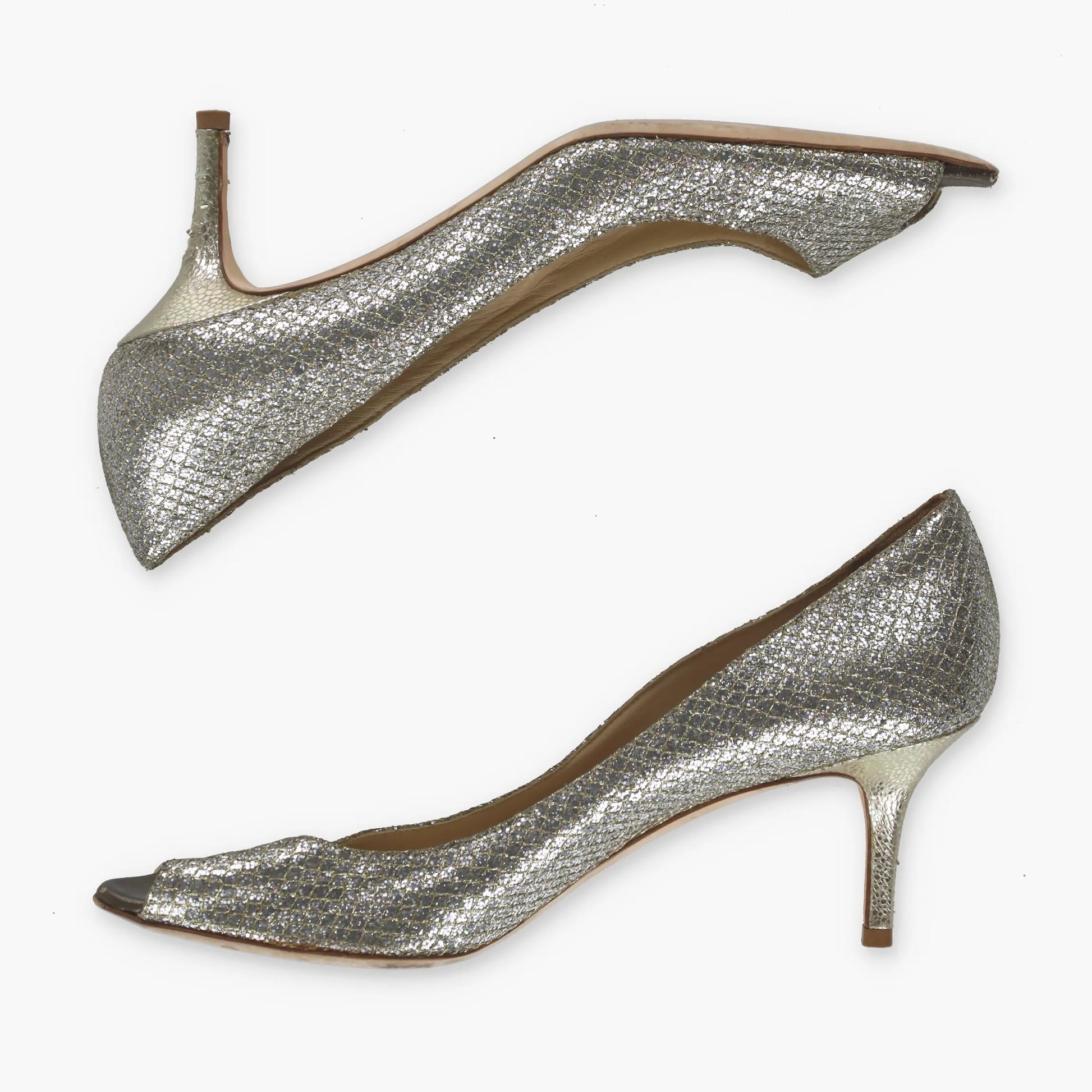 JIMMY CHOO Champagne Glitter Italian Made Peep-Toe Heels (40) - Vintage Sole Melbourne