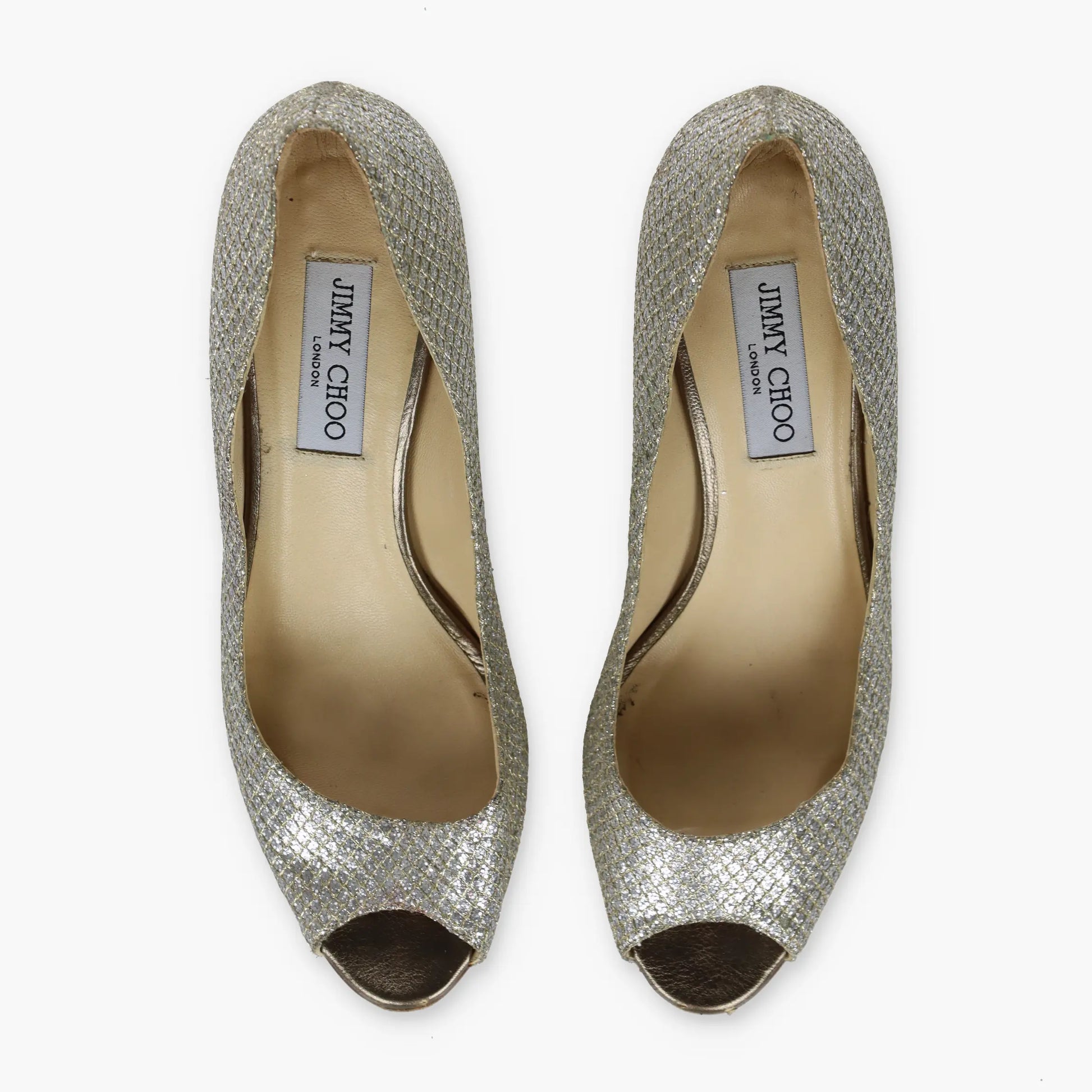JIMMY CHOO Champagne Glitter Italian Made Peep-Toe Heels (40) - Vintage Sole Melbourne