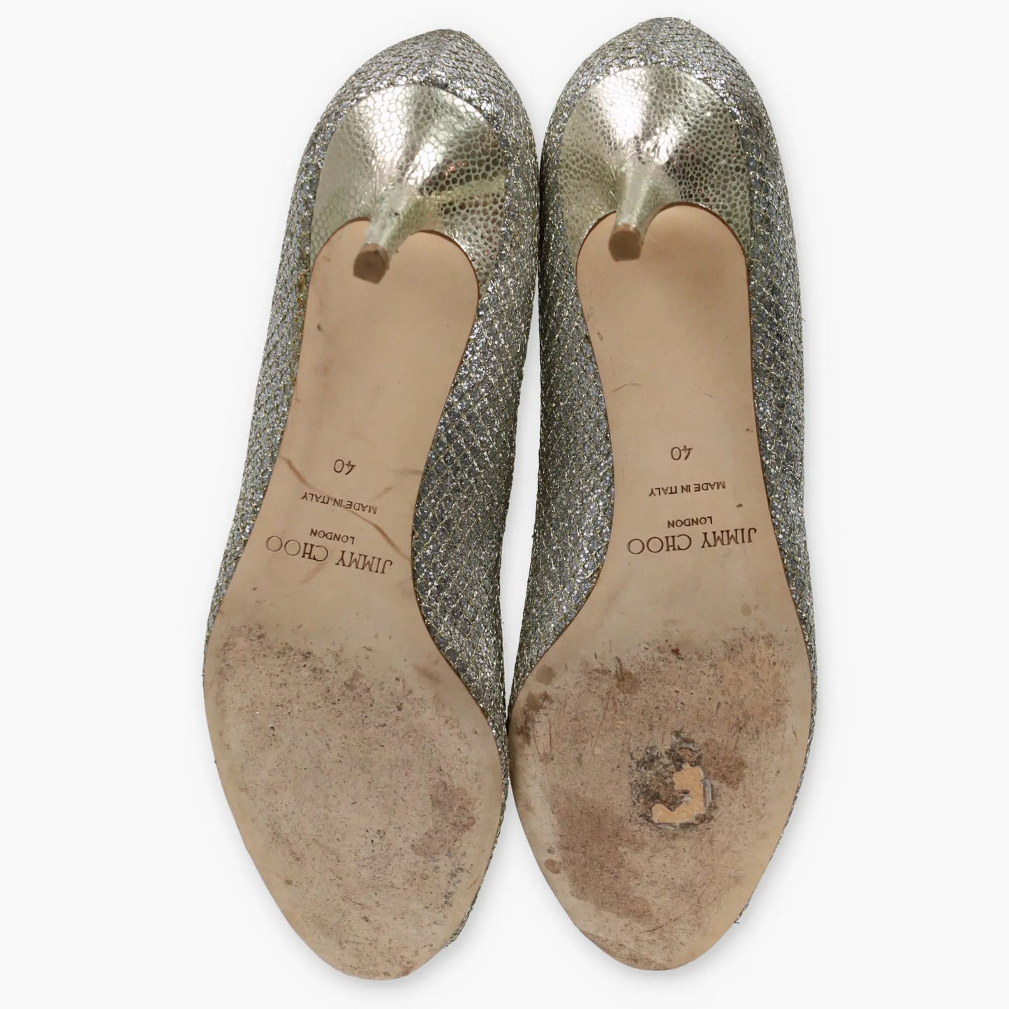 JIMMY CHOO Champagne Glitter Italian Made Peep-Toe Heels (40) - Vintage Sole Melbourne