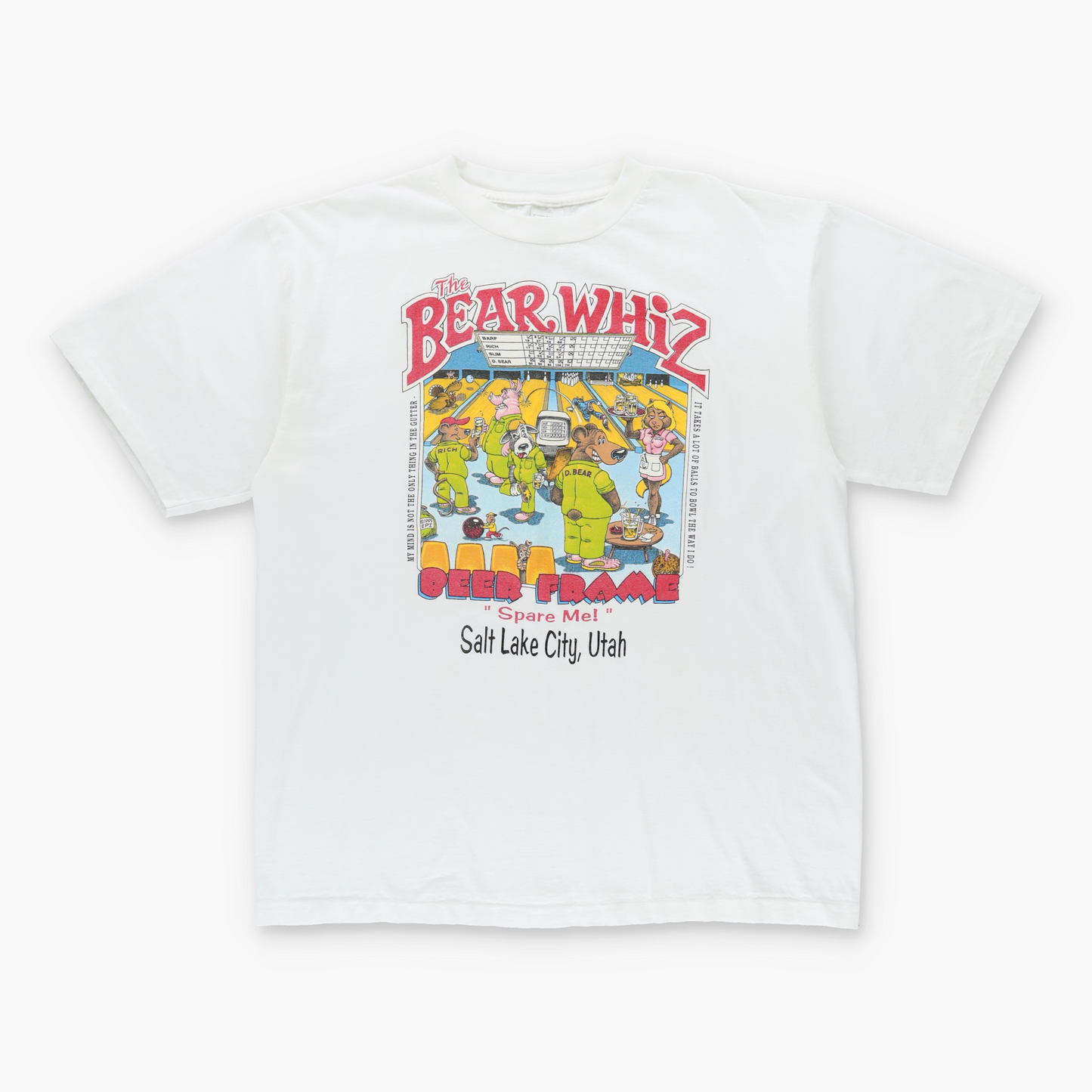 1995 'Bear Whiz Beer' Bowling Comic Single Stitch White T-Shirt (XL) Vintage Sole Melbourne