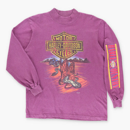 Vintage HARLEY DAVIDSON Western Cowboy Boots USA Made Mock Neck Long Sleeve T-Shirt (M)