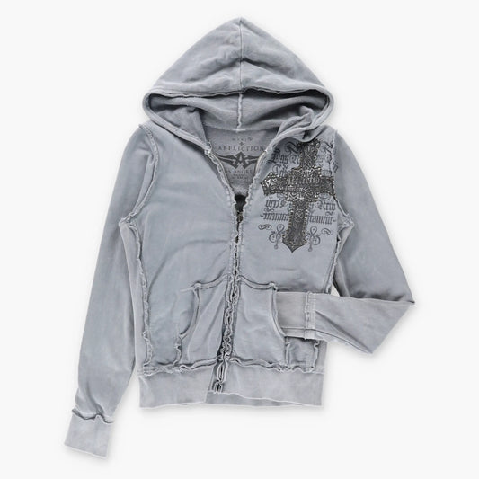 AFFLICTION Y2K Embellished Cross Faded USA Made Hooded Sweatshirt (M)
