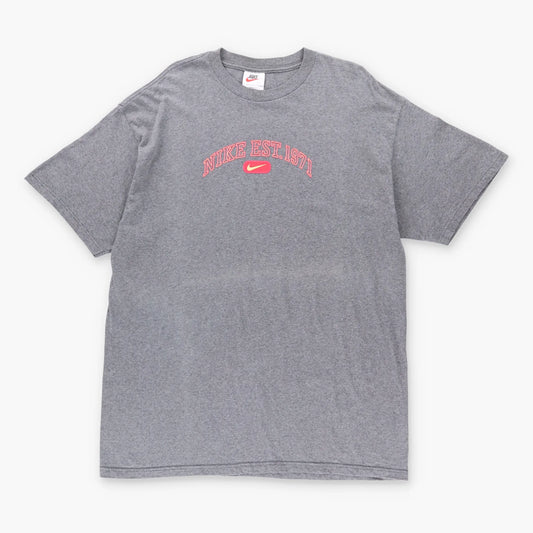 Vintage NIKE Centre Swoosh Spell Out Grey & Red T-Shirt (L)