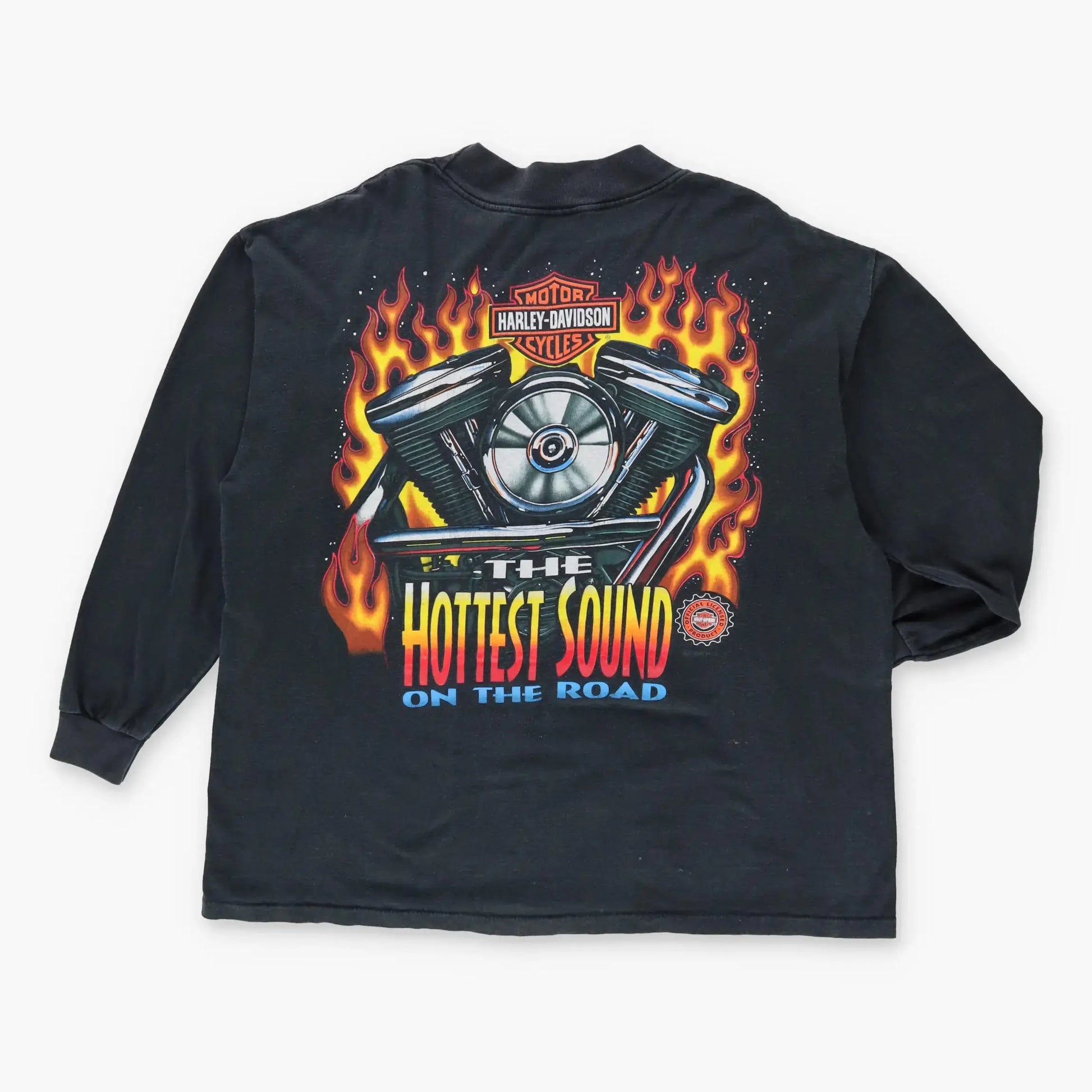 Vintage 1996 HARLEY DAVIDSON 'Hottest Sound' Flame USA Made Pocket Long Sleeve T-Shirt (XL) Vintage Sole Melbourne