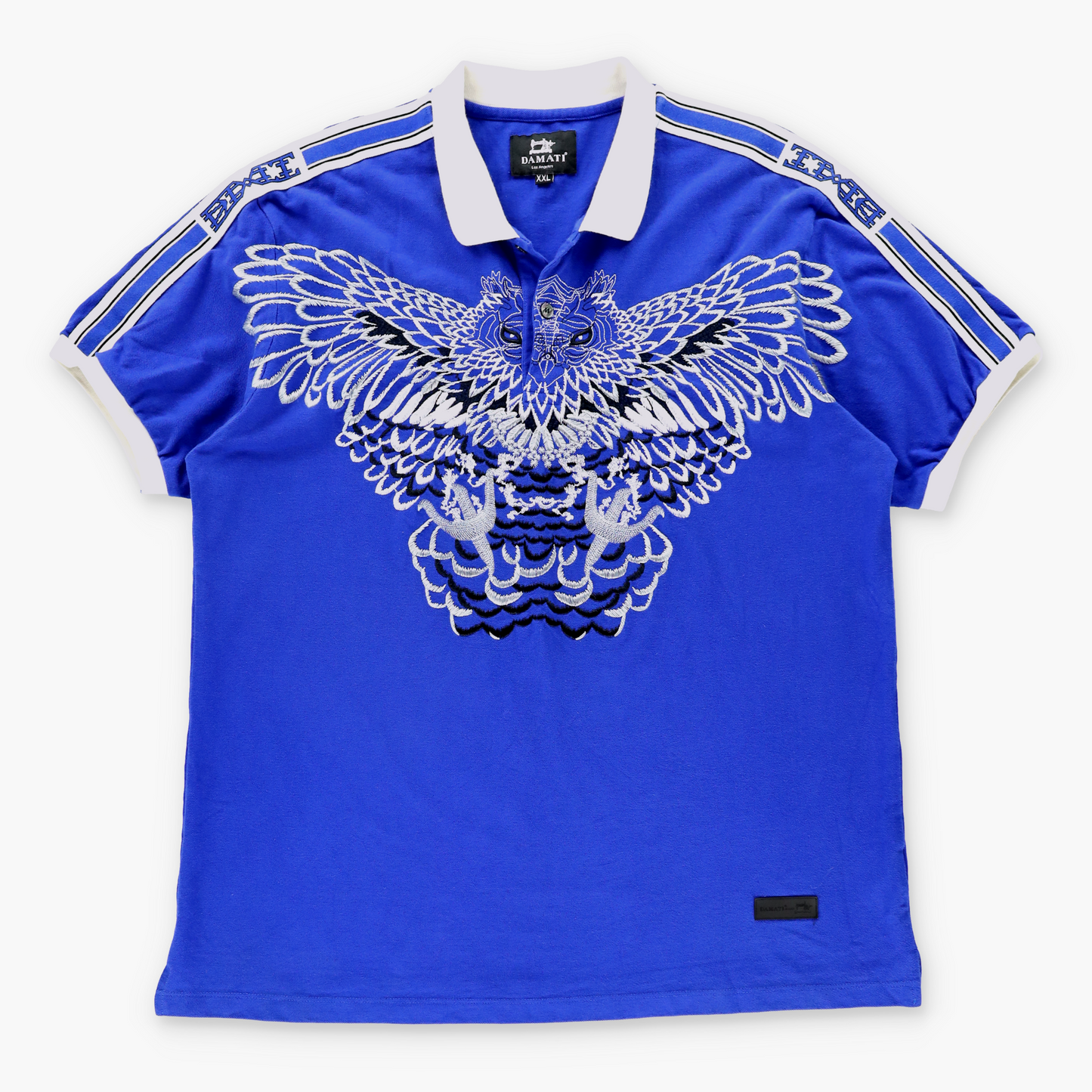 DAMATI Embroidered Silver Flying Owl Blue & White Polo Shirt (XXL) Vintage Sole Melbourne