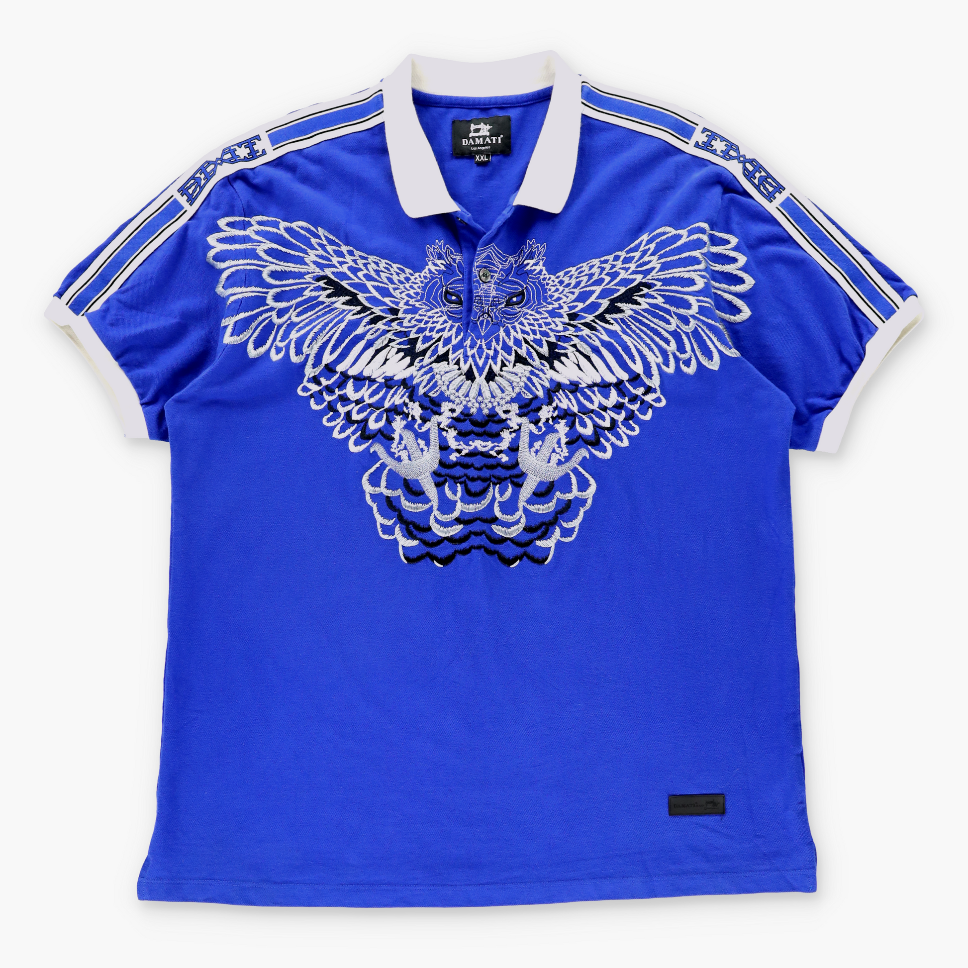 DAMATI Embroidered Silver Flying Owl Blue & White Polo Shirt (XXL) Vintage Sole Melbourne