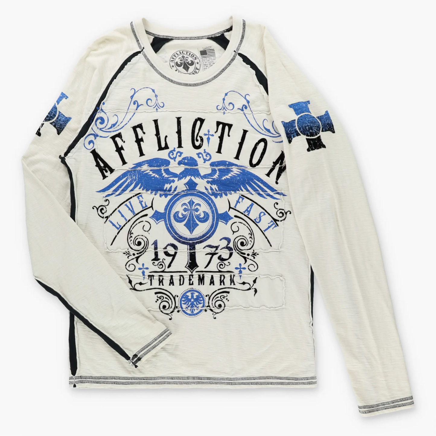 Vintage AFFLICTION Fleur De Lis & Eagle Cross Y2K Velvet Detail Off White Long Sleeve Tee USA Made (M-L TALL)