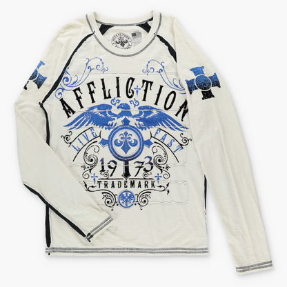 Vintage AFFLICTION Fleur De Lis & Eagle Cross Y2K Velvet Detail Off White Long Sleeve Tee USA Made (M-L TALL)