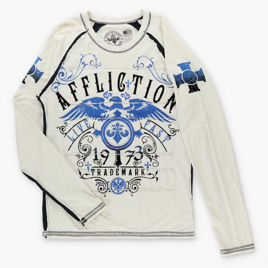 Vintage AFFLICTION Fleur De Lis & Eagle Cross Y2K Velvet Detail Off White Long Sleeve Tee USA Made (M-L TALL)