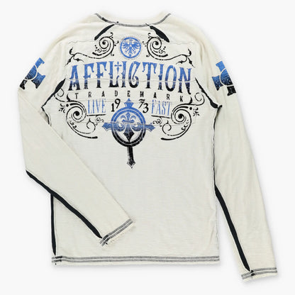 Vintage AFFLICTION Fleur De Lis & Eagle Cross Y2K Velvet Detail Off White Long Sleeve Tee USA Made (M-L TALL)