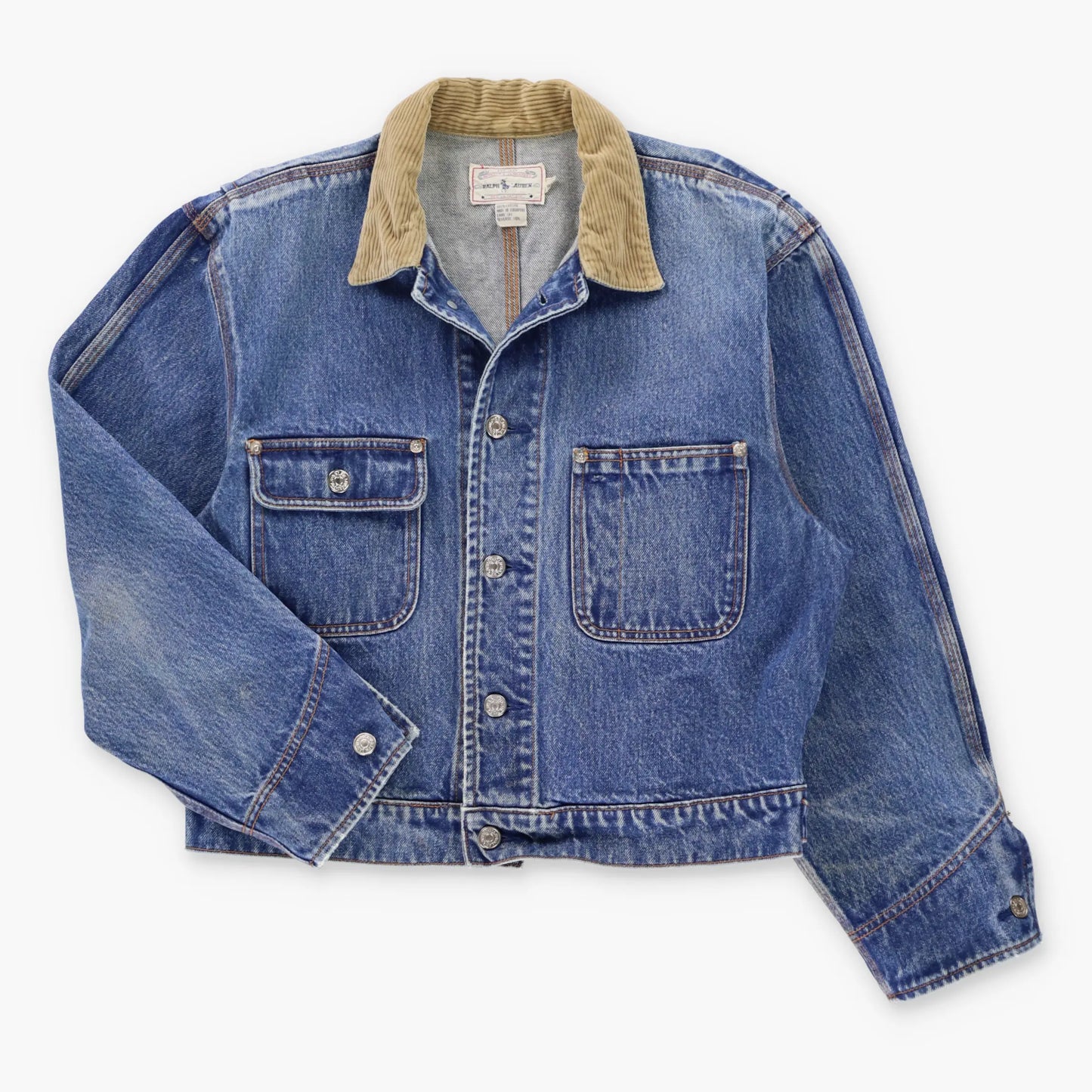 Vintage RALPH LAUREN Tan Corduroy Collar Blue Denim Boxy Utility Jacket (M)