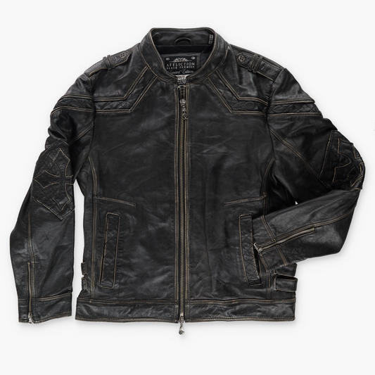 AFFLICTION Y2K Hand Numbered Cross Buckle Leather Motorcycle Jacket (XL)