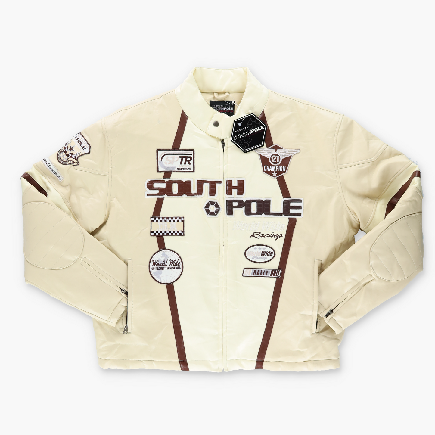 SOUTH POLE Y2K Nascar Embroidered Patch Cream & Brown Racing Jacket (XL)