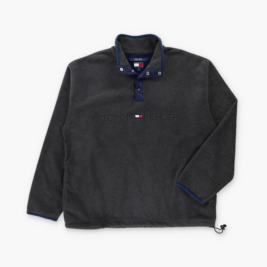 TOMMY HILFIGER Dark Grey & Blue Embroidered Logo 1/4 Snap Fleece Sweatshirt (L-XL TALL)