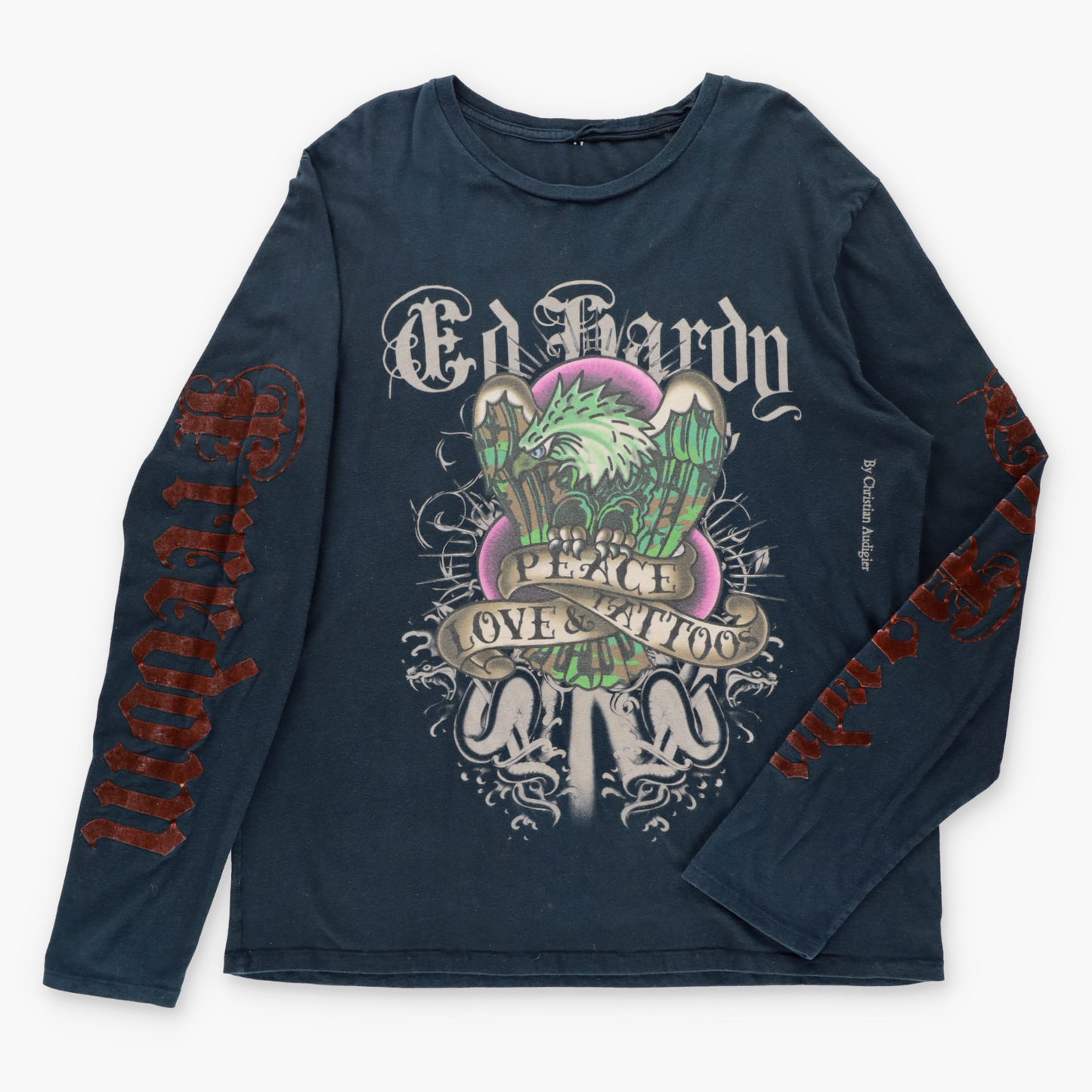 Vintage ED HARDY x CHRISTIAN AUDIGIER "Peace Love & Tattoos" Velvet Detailing Long Sleeve T-Shirt (XL) Vintage Sole Melbourne