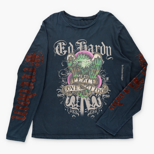 Vintage ED HARDY x CHRISTIAN AUDIGIER "Peace Love & Tattoos" Velvet Detailing Long Sleeve T-Shirt (XL) Vintage Sole Melbourne