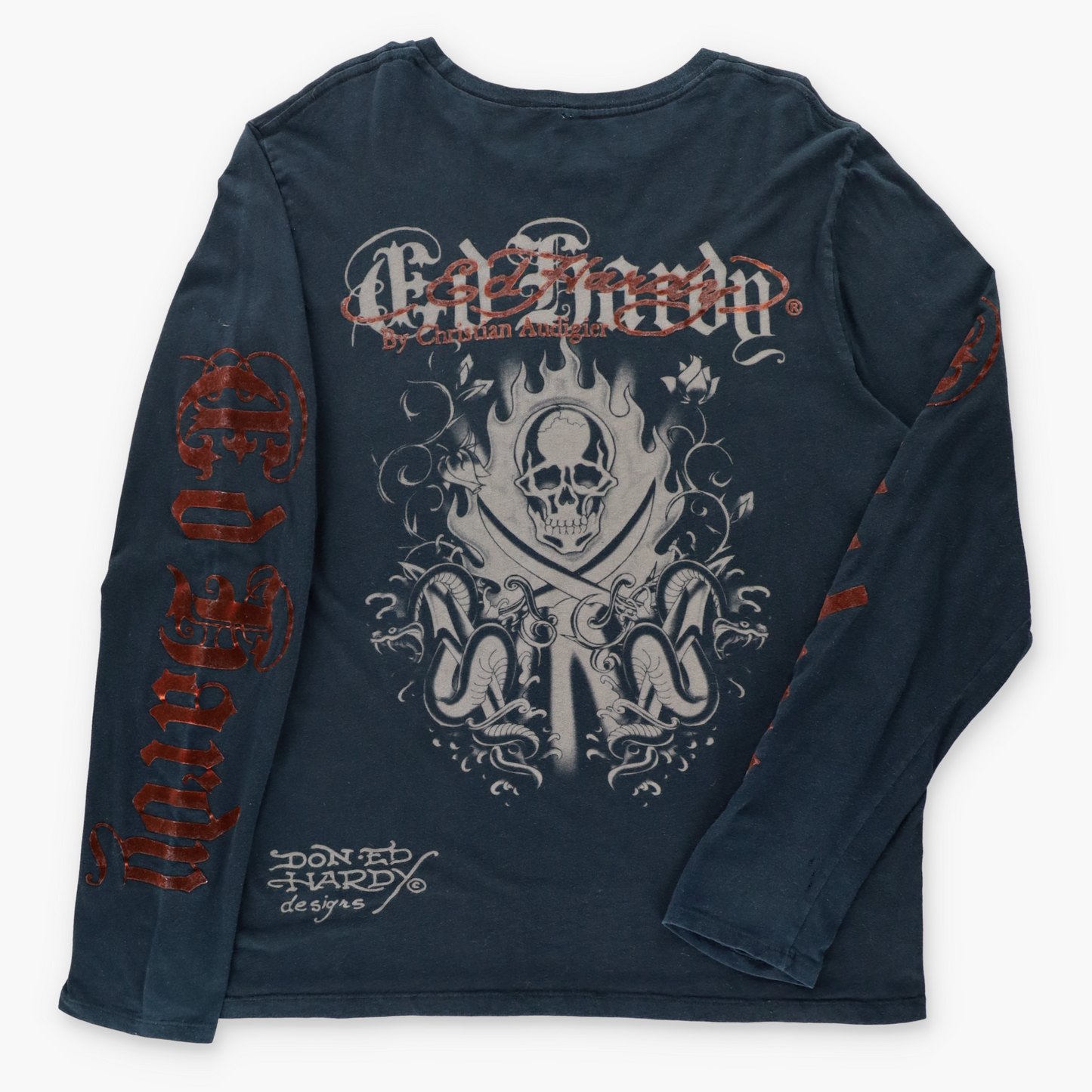 Vintage ED HARDY x CHRISTIAN AUDIGIER "Peace Love & Tattoos" Velvet Detailing Long Sleeve T-Shirt (XL) Vintage Sole Melbourne