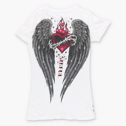 Vintage SINFUL Y2K Rhinestone Heart Fire T-Shirt (XXS)*Aubs Vintage Sole Melbourne