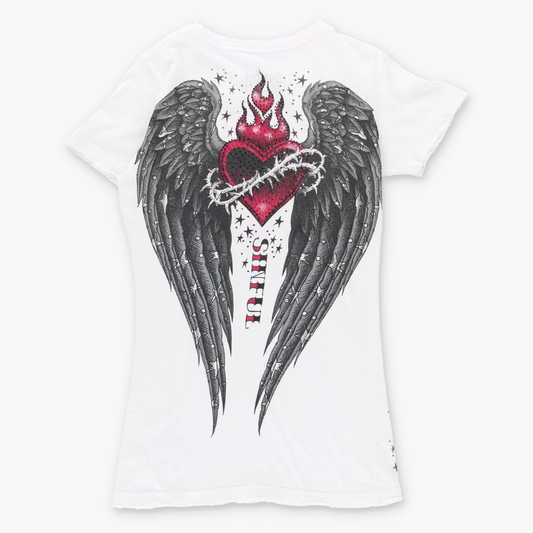 Vintage SINFUL Y2K Rhinestone Heart Fire T-Shirt (XXS)*Aubs Vintage Sole Melbourne