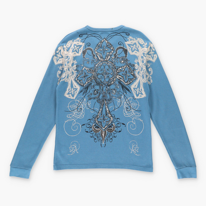 Vintage MONTERO JEANS Y2K Rhinestone Blue Thermal Long Sleeve T-Shirt *Aubs Vintage Sole Melbourne