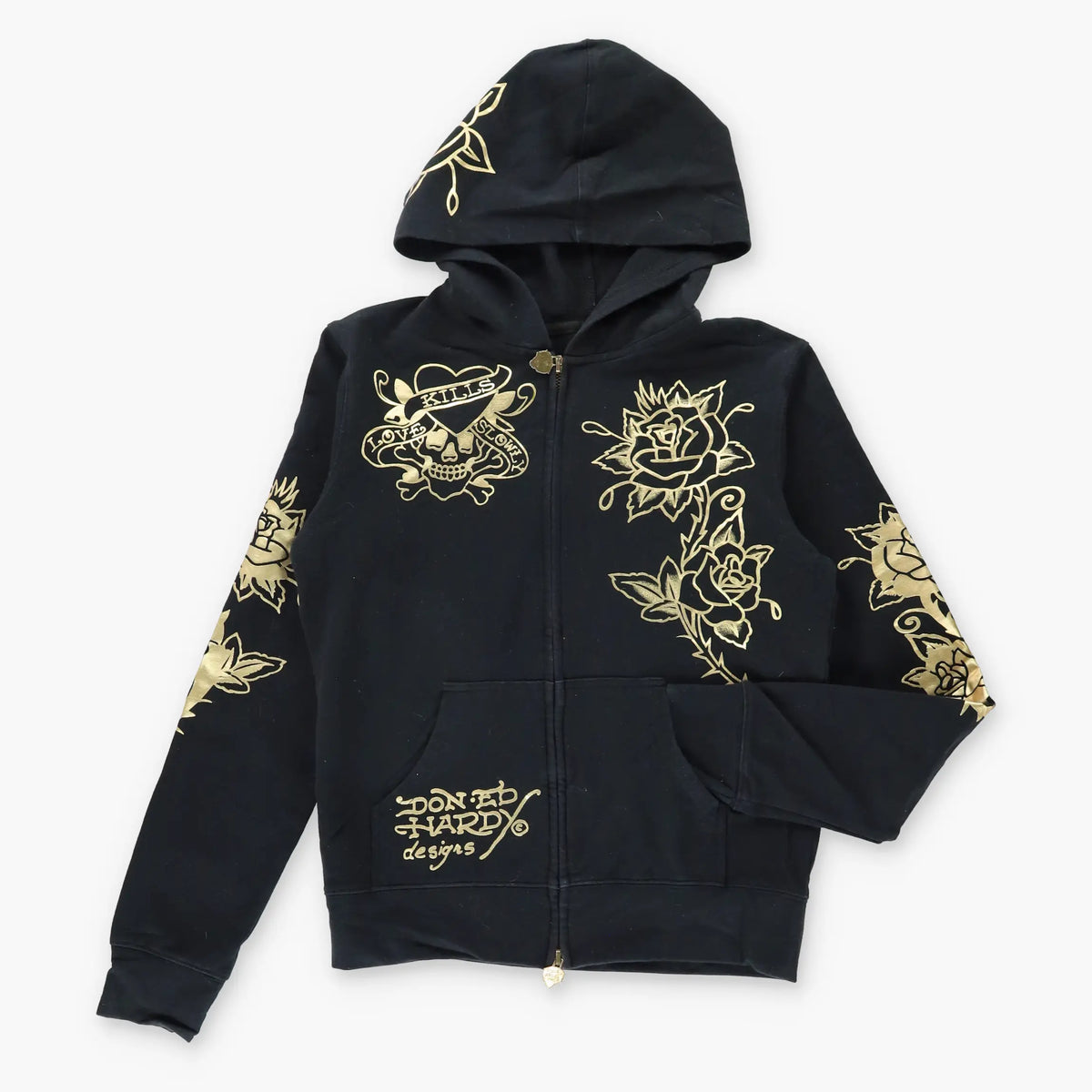 Vintage DON ED HARDY Y2K Gold & Black Hooded Sweatshirt (XS-XXS) *Aubs Vintage Sole Melbourne