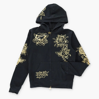 Vintage DON ED HARDY Y2K Gold & Black Hooded Sweatshirt (XS-XXS) *Aubs Vintage Sole Melbourne
