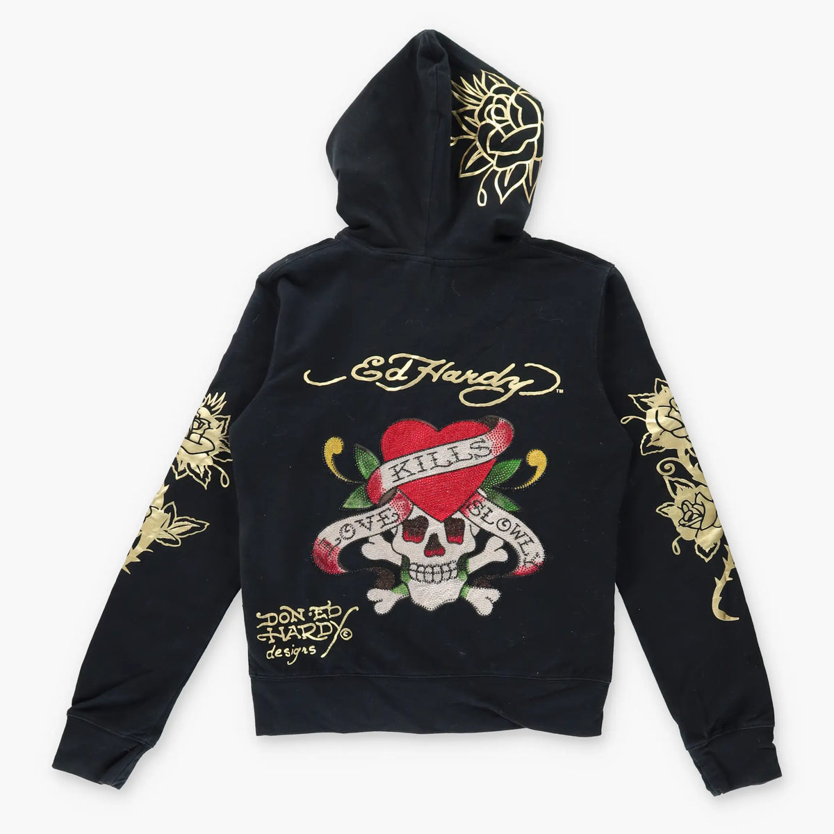 Vintage DON ED HARDY Y2K Gold & Black Hooded Sweatshirt (XS-XXS) *Aubs Vintage Sole Melbourne