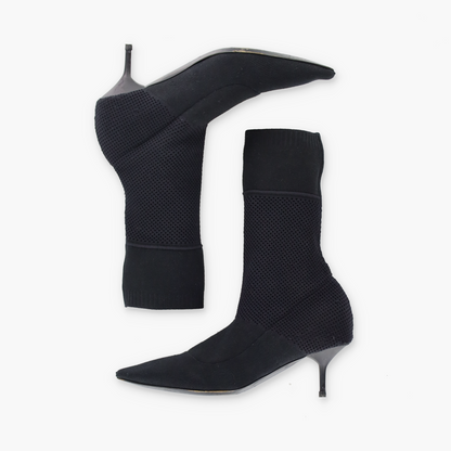 BURBERRY Italian Made Black 'Lynda' Knitted Elastic Mesh Heeled Boots (38)