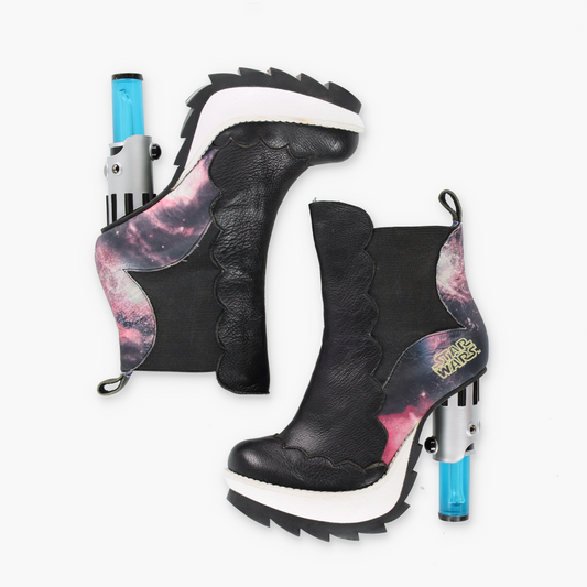 IRREGULAR CHOICE Star Wars Light Up Blue Lightsaber Galaxy Print Block Heeled Boots (38)