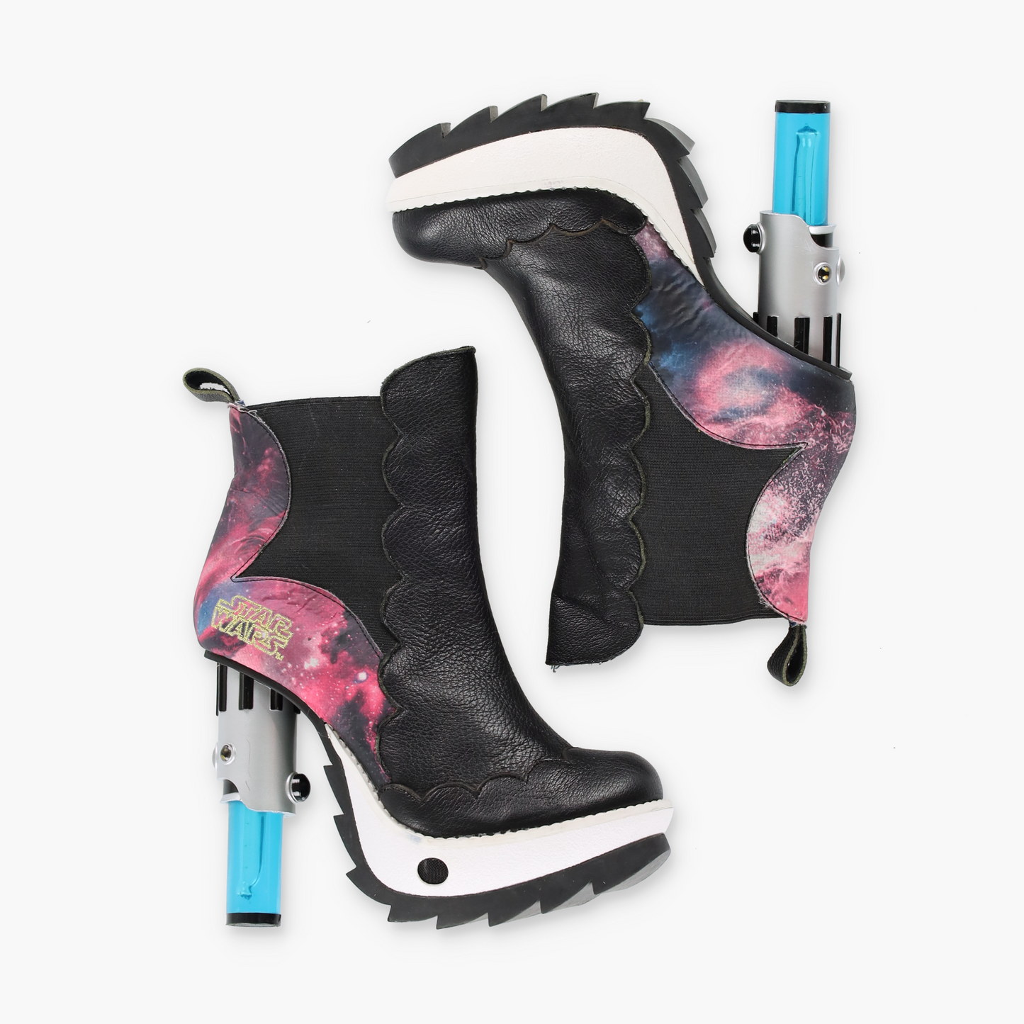 IRREGULAR CHOICE Star Wars Light Up Blue Lightsaber Galaxy Print Block Heeled Boots (38)