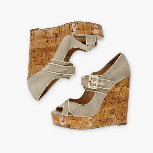 CHRISTIAN LOUBOUTIN Ecru Canvas Melides Peep Toe Wedge Sandals (41)
