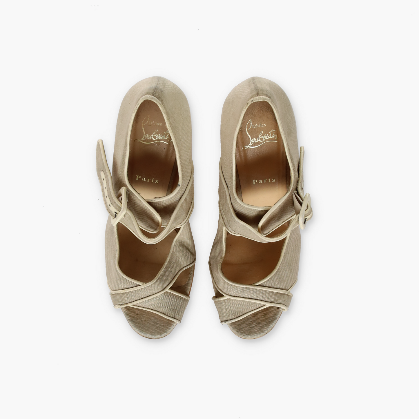 CHRISTIAN LOUBOUTIN Ecru Canvas Melides Peep Toe Wedge Sandals (41)
