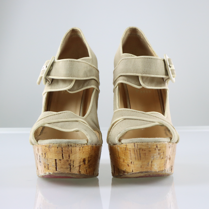 CHRISTIAN LOUBOUTIN Ecru Canvas Melides Peep Toe Wedge Sandals (41)