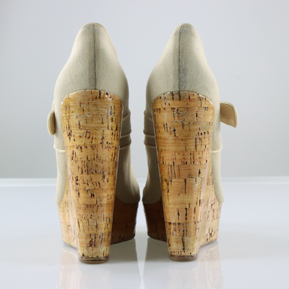 CHRISTIAN LOUBOUTIN Ecru Canvas Melides Peep Toe Wedge Sandals (41)
