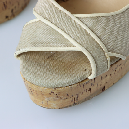 CHRISTIAN LOUBOUTIN Ecru Canvas Melides Peep Toe Wedge Sandals (41)