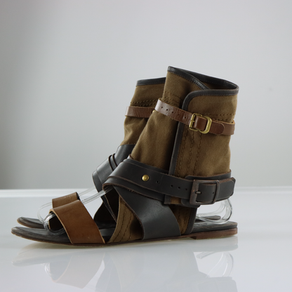 CHLOE Italian Made Canvas & Leather Adjustable Buckle Strap Gladiator Sandals (37.5)