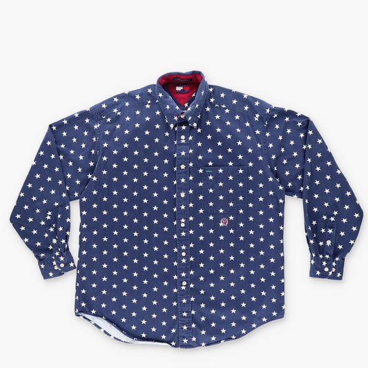 TOMMY HILFIGER USA Star Print Navy Button Up Long Sleeve Shirt (XL)