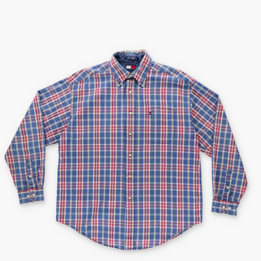 TOMMY HILFIGER Blue & Red Plaid Print Button Up Long Sleeve Shirt (L)