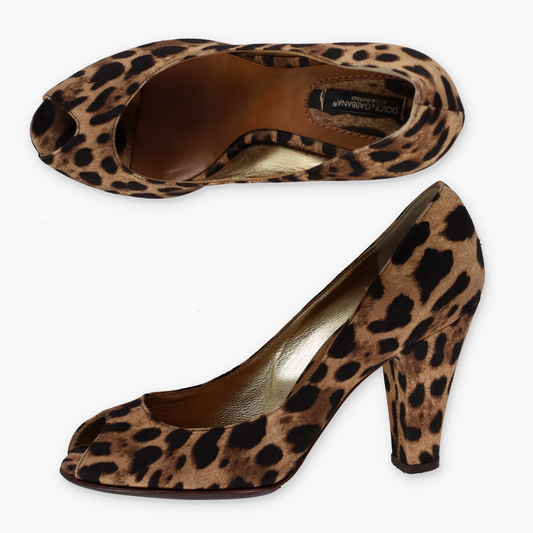 DOLCE & GABBANA Leopard Print Peep Toe Pump Heels (37)