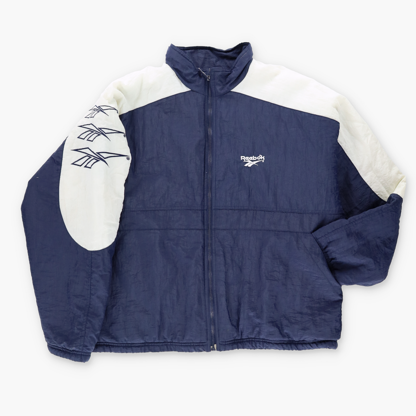 REEBOK Embroidered 3-Logo Navy & White Retro Windbreaker Jacket (L)