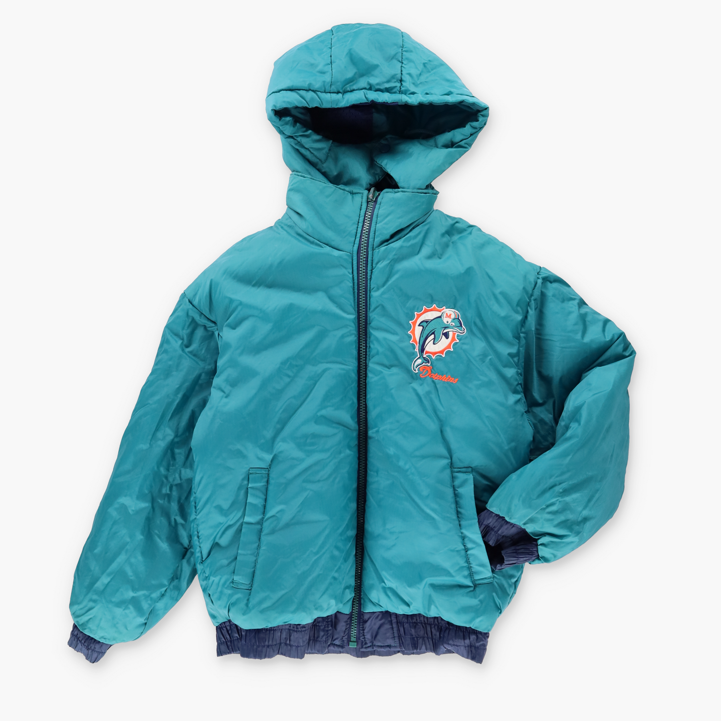 Vintage DOLPHINS Reversible NFL Embroidered Football Hooded Jacket (M-L)