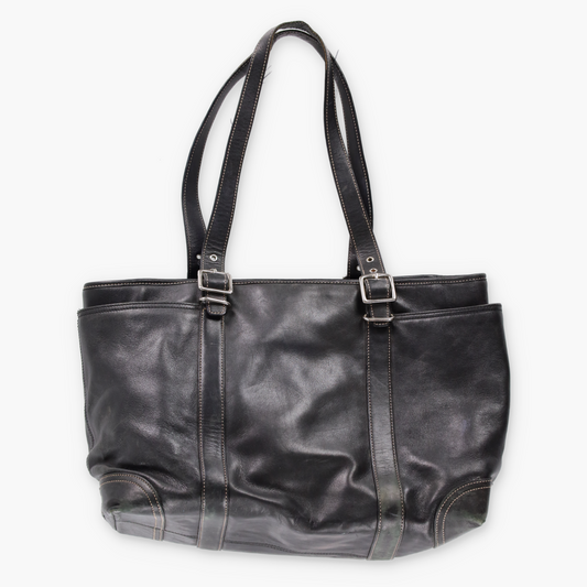 COACH 6460 Black Leather & Silver Adjustable Buckle Strap Tote Bag